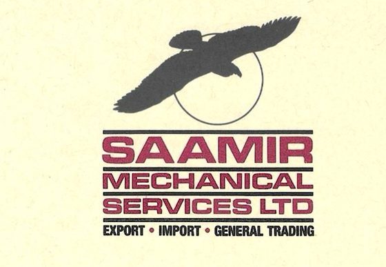 The original Saamir Mechanical Services Ltd letterhead — the falcon-and-ring emblem, the crimson wordmark, and the company's export, import and general trading lines.