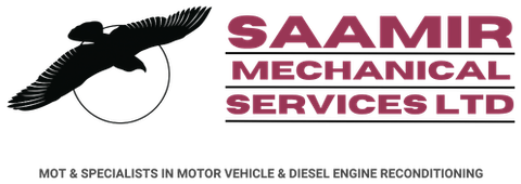 Saamir Mechanical Services Ltd — official logo: the falcon-and-ring emblem, the wordmark, and the tagline: MOT and specialists in motor vehicle and diesel engine reconditioning.